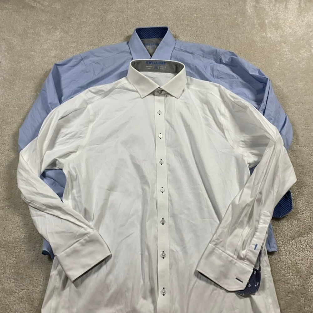 Twillory Performance Dress Shirt Lot 2 Light Blue Herringbone White 17.5 34/35